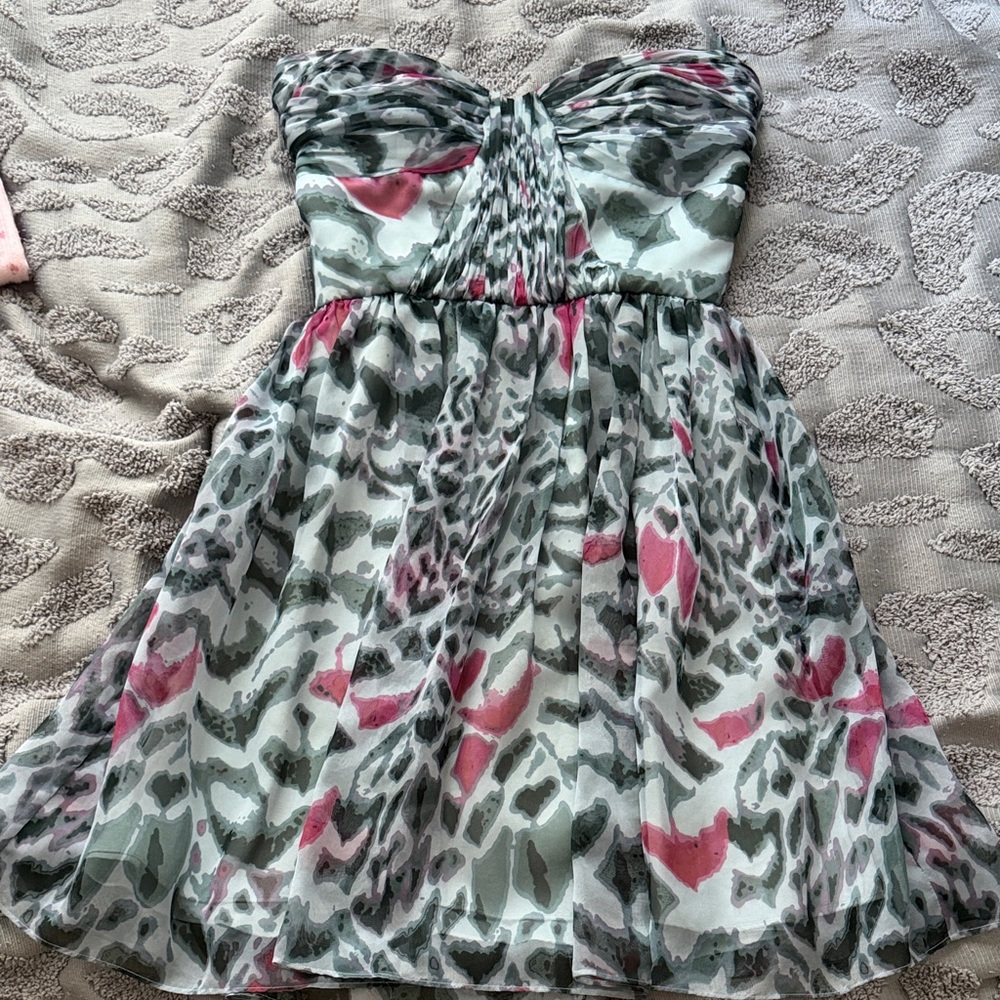 Strapless Mini Dress in Olive Green & Pink Print